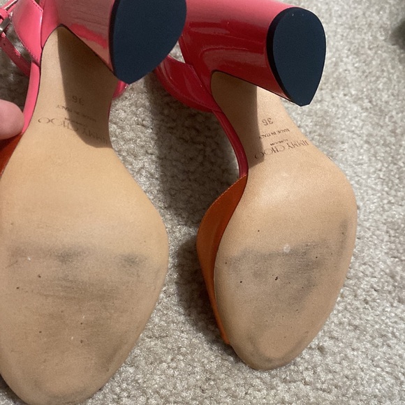 Jimmy Choo Miranda Orange and Pink Colorblock Peep Toe Strappy Heel - Picture 6 of 8